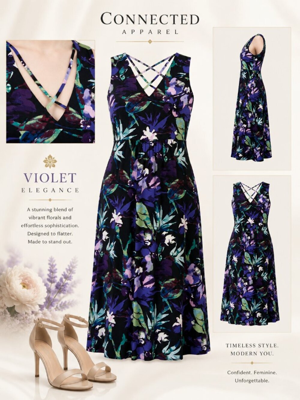 Connected Womens Strappy V-Neck Floral Dress Violet 6 NWT